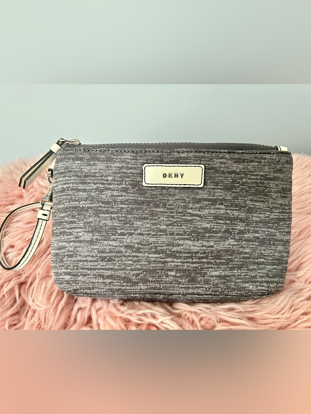 DKNY Gray Heathered Zip Clutch with Cream Logo Patch